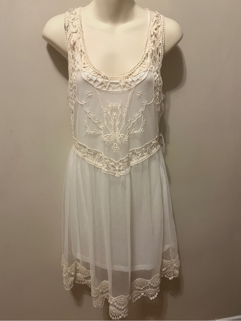 Ardene Ivory Mesh Crochet Racerback Tank Semi-Sheer Mini Dress